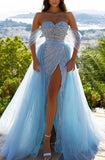 Off-the-Shoulder Sky Blue Prom Dress with Sequins and Slit BM bride