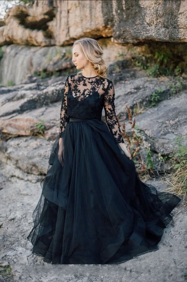 Vintage Black A-Line Long Sleeves Wedding Dress With Ruffles Appliques Lace Tulle BM bride