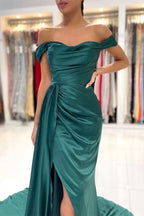 Dark Green Off-the-Shoulder Mermaid Long Prom Dress with Split and Ruffles BM bride