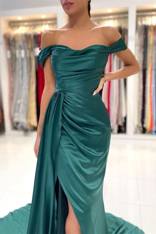 Dark Green Off-the-Shoulder Mermaid Long Prom Dress with Split and Ruffles BM bride