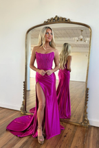 Fuchsia Bateau Sleeveless Prom Dress with Appliques and Slit BM bride