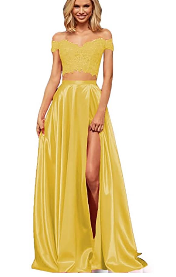 Off-the-Shoulder Two Pieces Prom Dress with Appliques and Slit BM bride