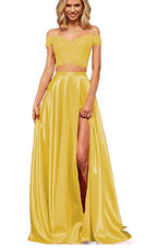 Off-the-Shoulder Two Pieces Prom Dress with Appliques and Slit BM bride
