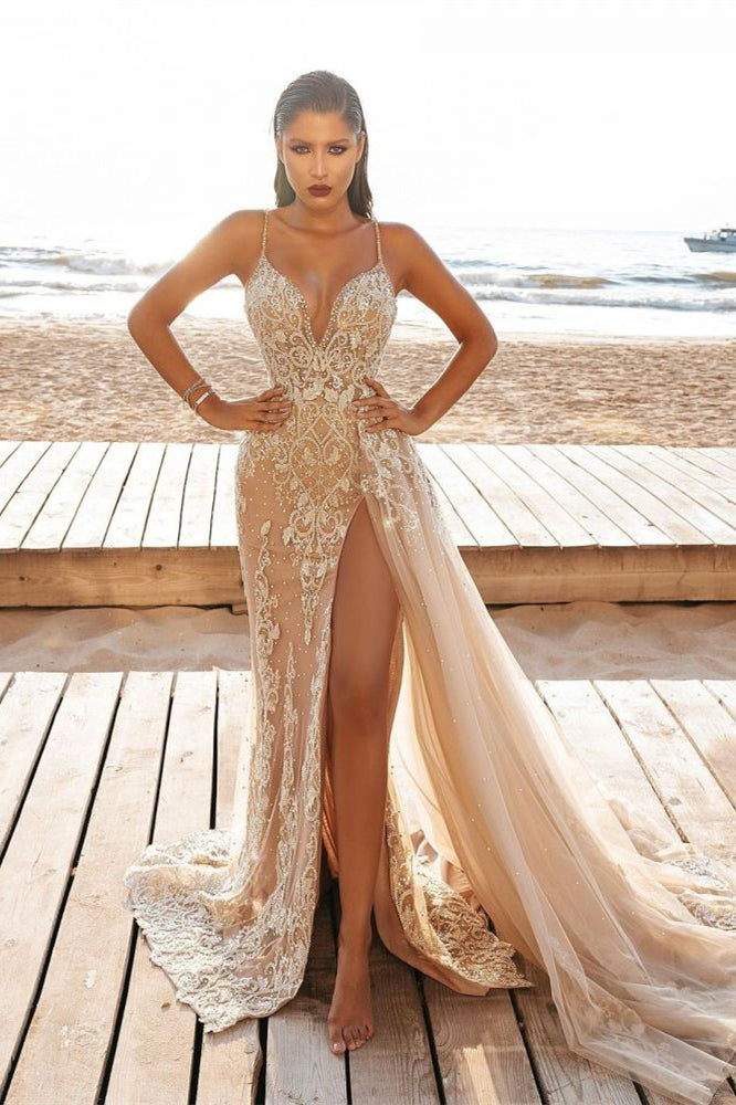 Nude Spaghetti Strap Mermaid Wedding Dress with Beaded Split BM bride