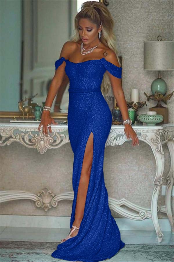 Pink Sequins Off the Shoulder Mermaid Elegant Prom Dresses With Split BMBRIDE