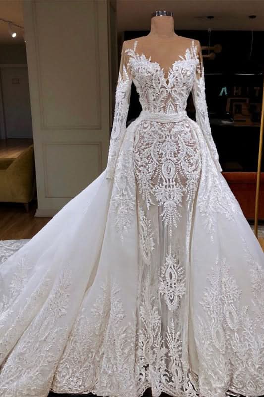 Glamorous Long Sleeve Mermaid Lace Wedding Dress with Detachable Skirt BM bride