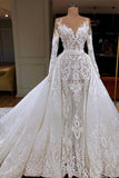 Glamorous Long Sleeve Mermaid Lace Wedding Dress with Detachable Skirt BM bride