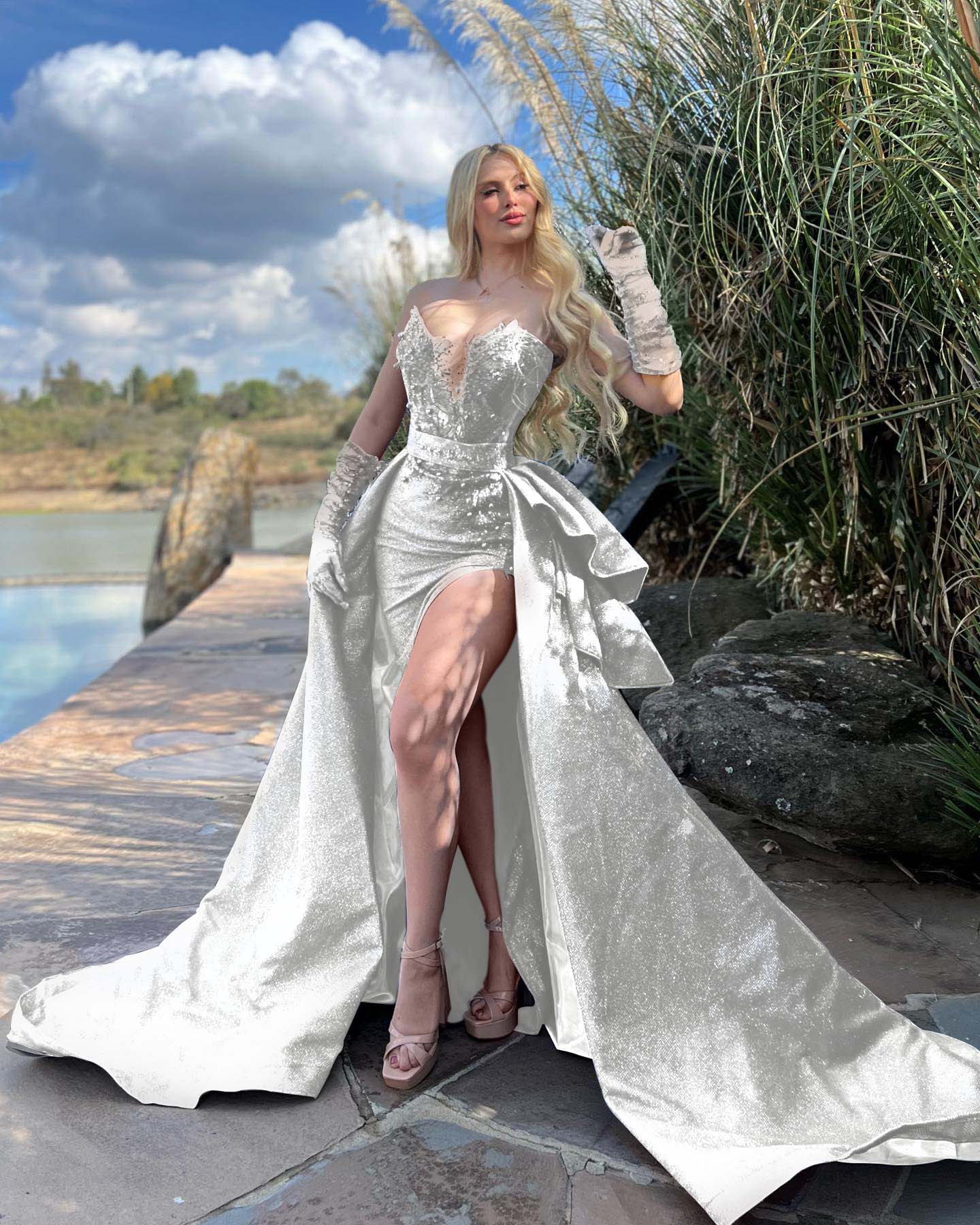 Strapless Sleeveless Long Split Prom Dress With Gloves Beading BMBRIDE