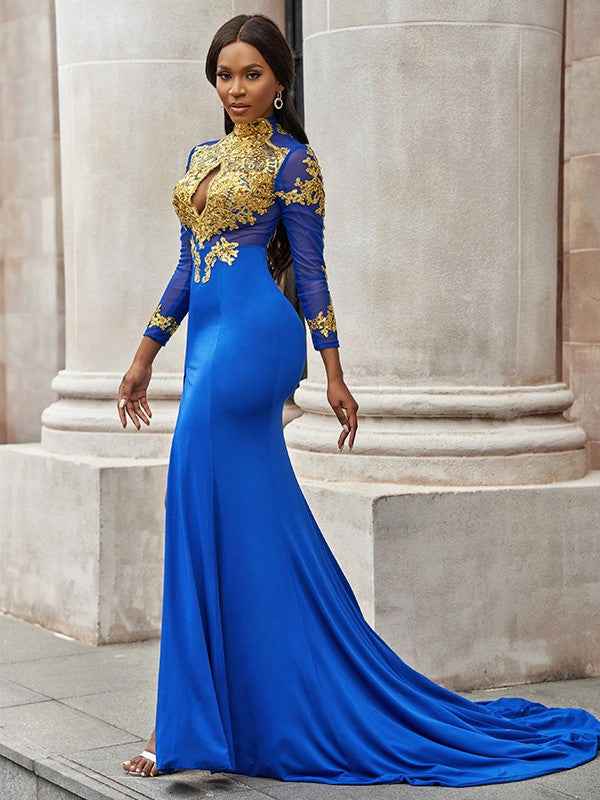 Royal Blue High Neck Mermaid Long Sleeves Split Prom Dress With Appliques