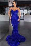 Sweetheart Royal Blue Spaghetti Strap Mermaid Long Prom Dress With Sequins BMBRIDE