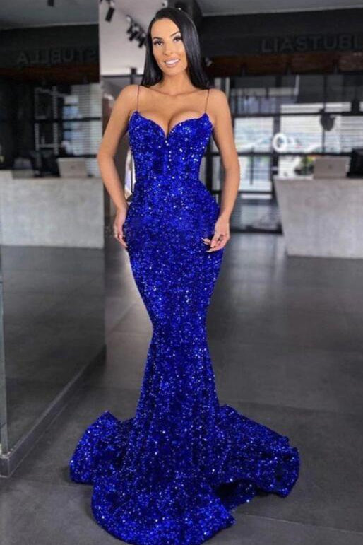Sweetheart Royal Blue Spaghetti Strap Mermaid Long Prom Dress With Sequins BMBRIDE