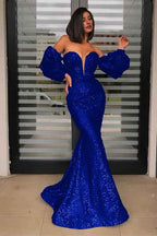 Detachable Sleeves Black Strapless Sweetheart Sequins Prom Dress Mermaid