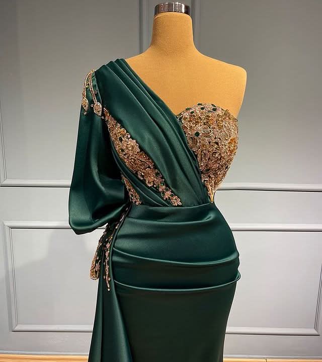 Dark Green One-Shoulder Beaded Mermaid Prom Dress with Appliques BM bride