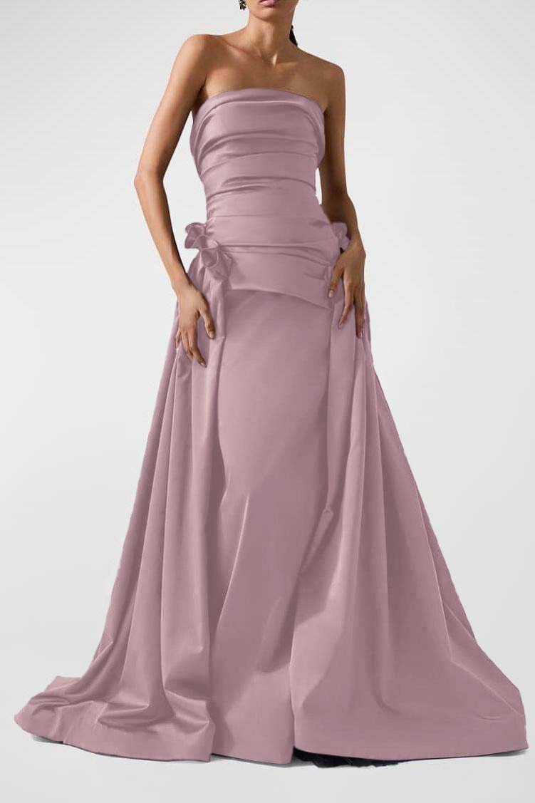 Strapless Backless Sleeveless Long A Line Prom Dress With Pleated BMBRIDE