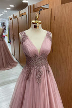 Dusty Pink V-Neck Sleeveless Long Tulle Prom Dress with Appliques BM bride