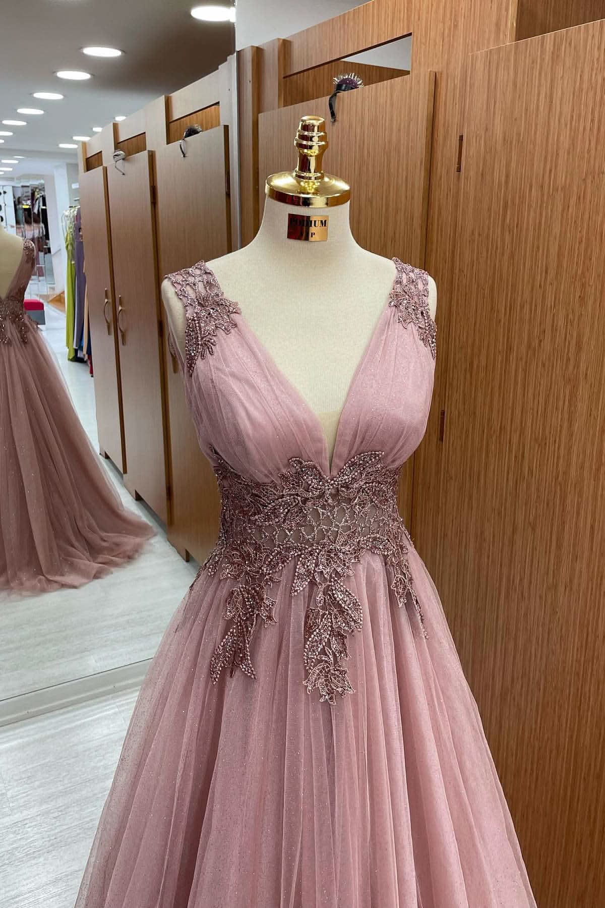 Dusty Pink V-Neck Sleeveless Long Tulle Prom Dress with Appliques BM bride