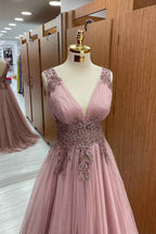 Dusty Pink Sleeveless A Line Prom Dress Tulle Long With Appliques V Neck