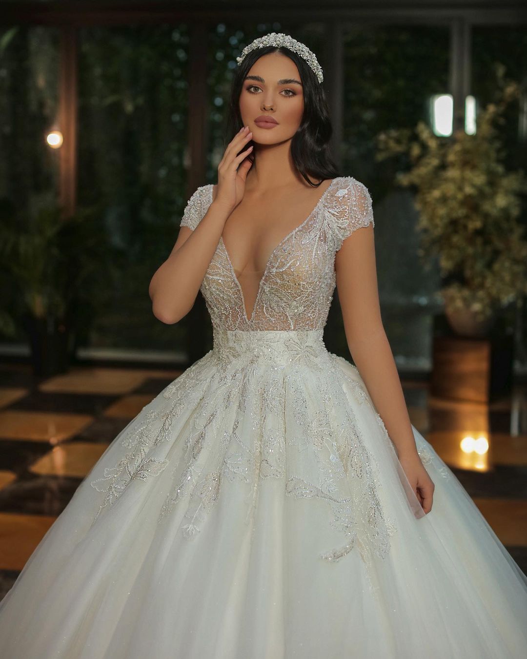 Long A-Line V-Neck Cap Sleeve Wedding Dress with Beaded Tulle BM bride