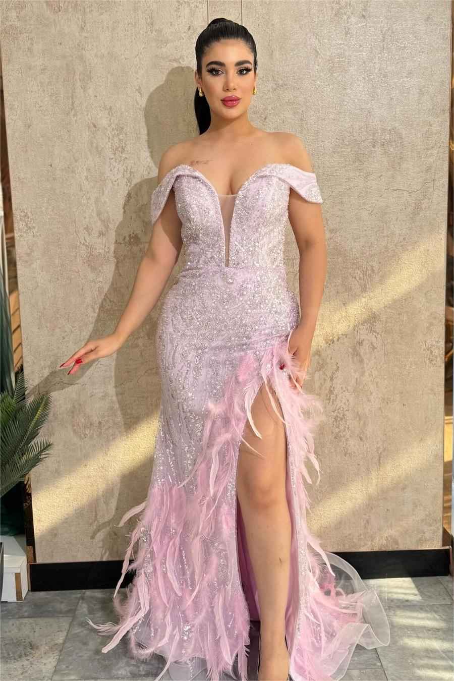 Stunning Off the Shoulder Sleeveless Beaded Long Split Prom Dress With Feathers