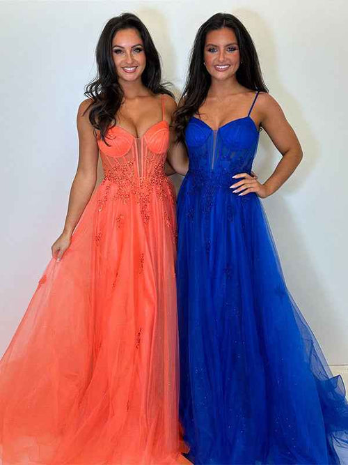 Royal Blue Spaghetti Straps A-Line Tulle Prom Dress with Appliques BMBRIDE