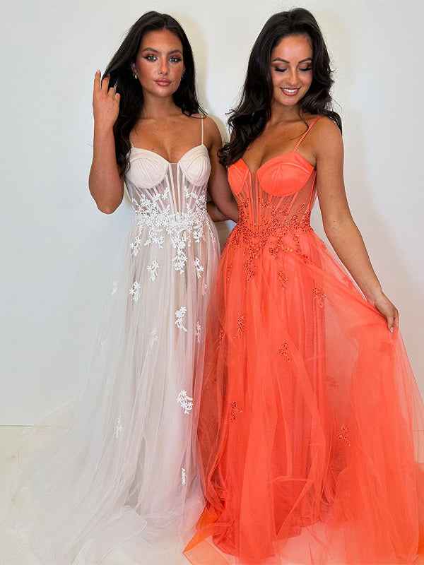 Royal Blue Spaghetti Straps A-Line Tulle Prom Dress with Appliques