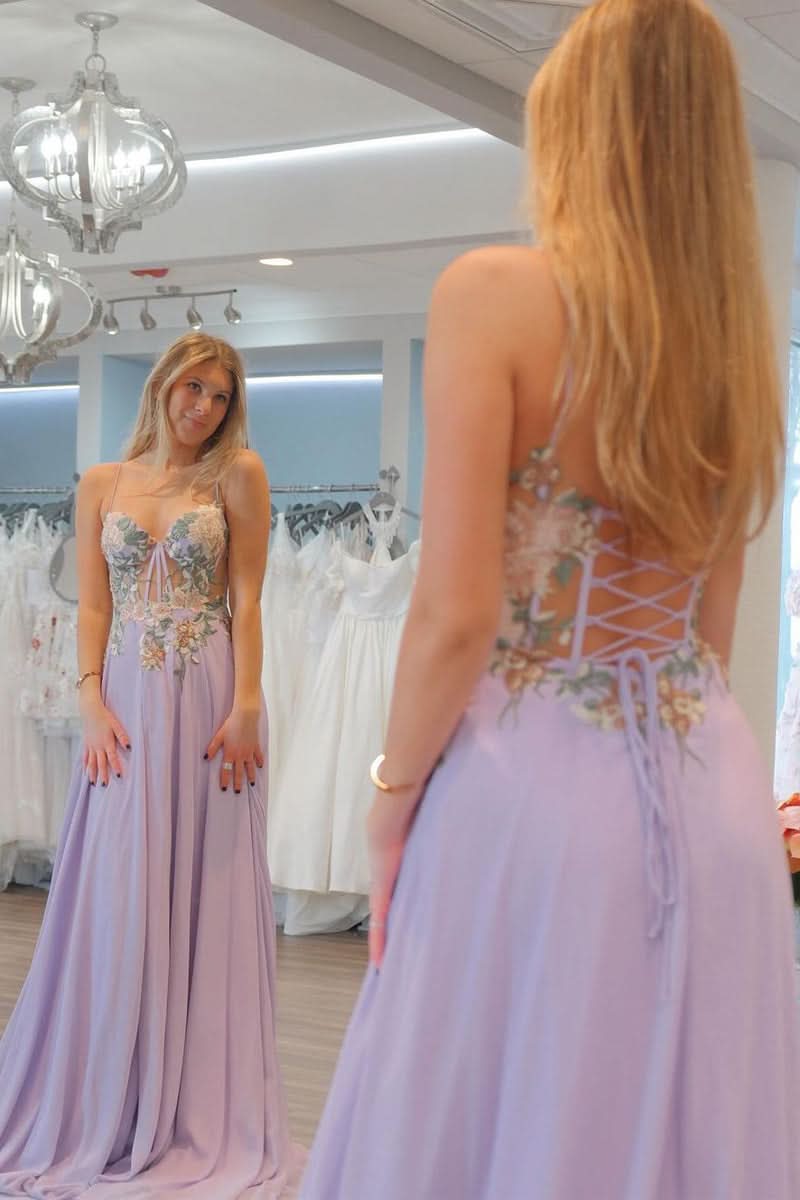 Lovely Lilac Sweetheart Chiffon Long Prom Dress with Appliques BM bride