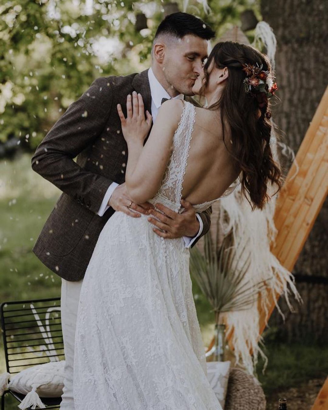 Simple Long A-Line Backless Wedding Dress with V-Neck Lace BM bride
