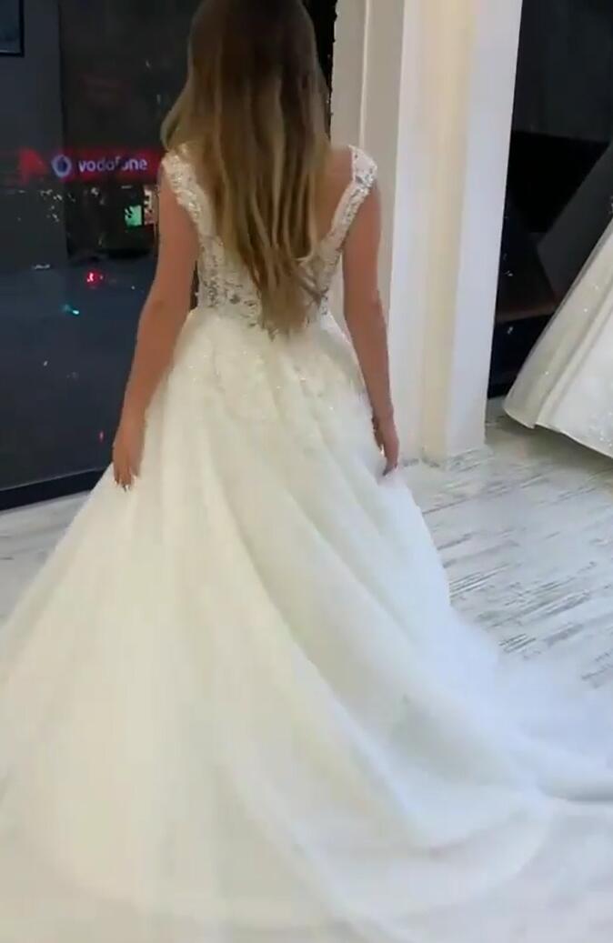 V-neck Wide Straps A-Line Wedding Dress With Pearl Tulle Appliques Lace BM bride