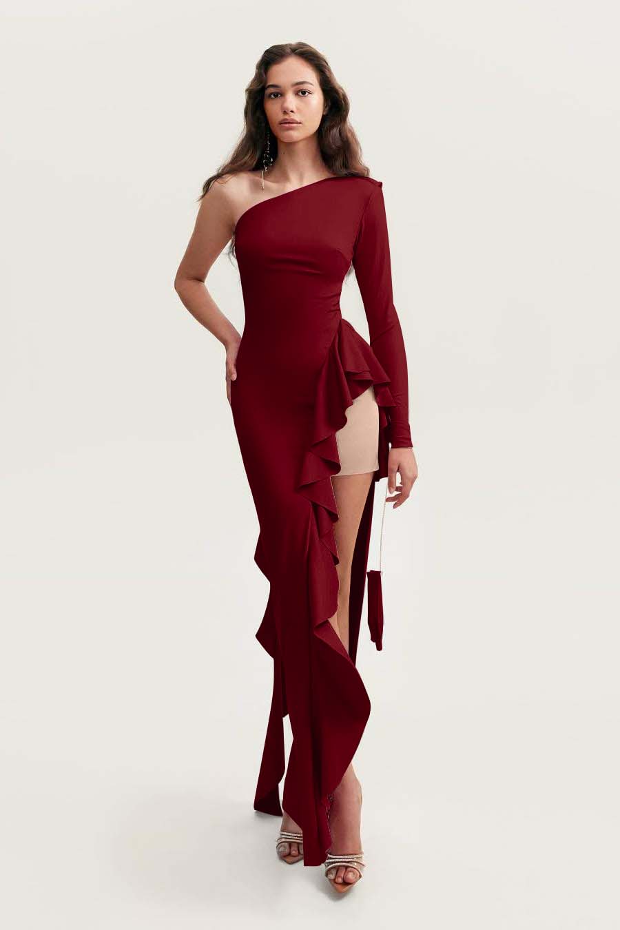 One Shoulder Long Sleeves High Split Long Prom Dress With Ruffles