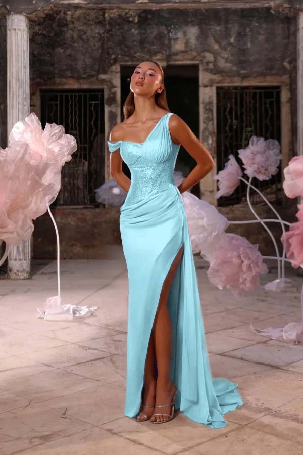 Sleeveless One Shoulder Long Split Prom Dress With Pleated Sequin BMBRIDE