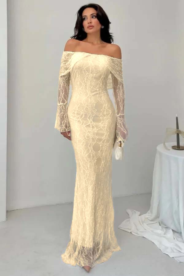 Off the Shoulder Long Sleeves Long Mermaid Prom Dress With Lace BMBRIDE