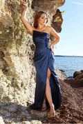 Strapless Sleeveless Mermaid Long Prom Dress With High Split Pleated
