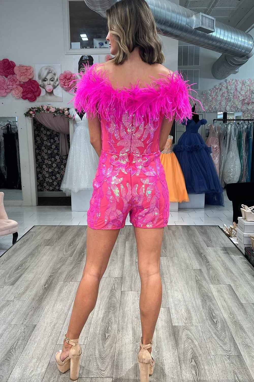 Sparkly Fuchsia Sequins Tight Short Hoco Jumpsuits with Feathers Bmbride