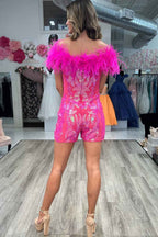 Sparkly Fuchsia Sequins Tight Short Hoco Jumpsuits with Feathers Bmbride