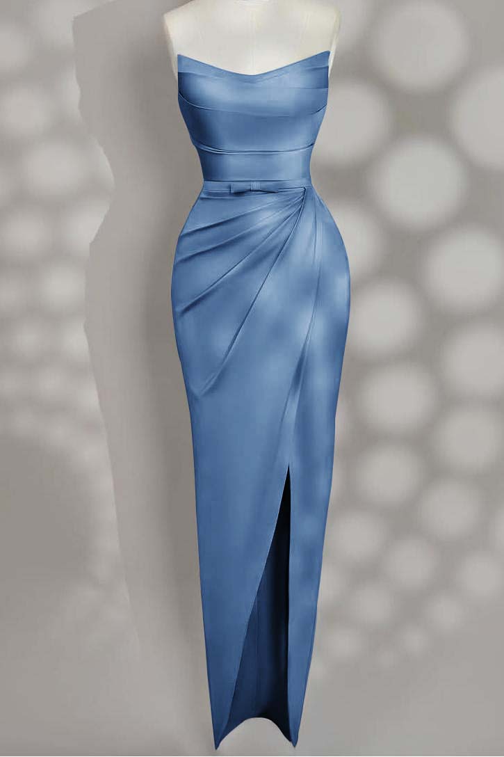 Strapless Sleeveless Long Split Prom Dress With Pleated Bowknot BMBRIDE