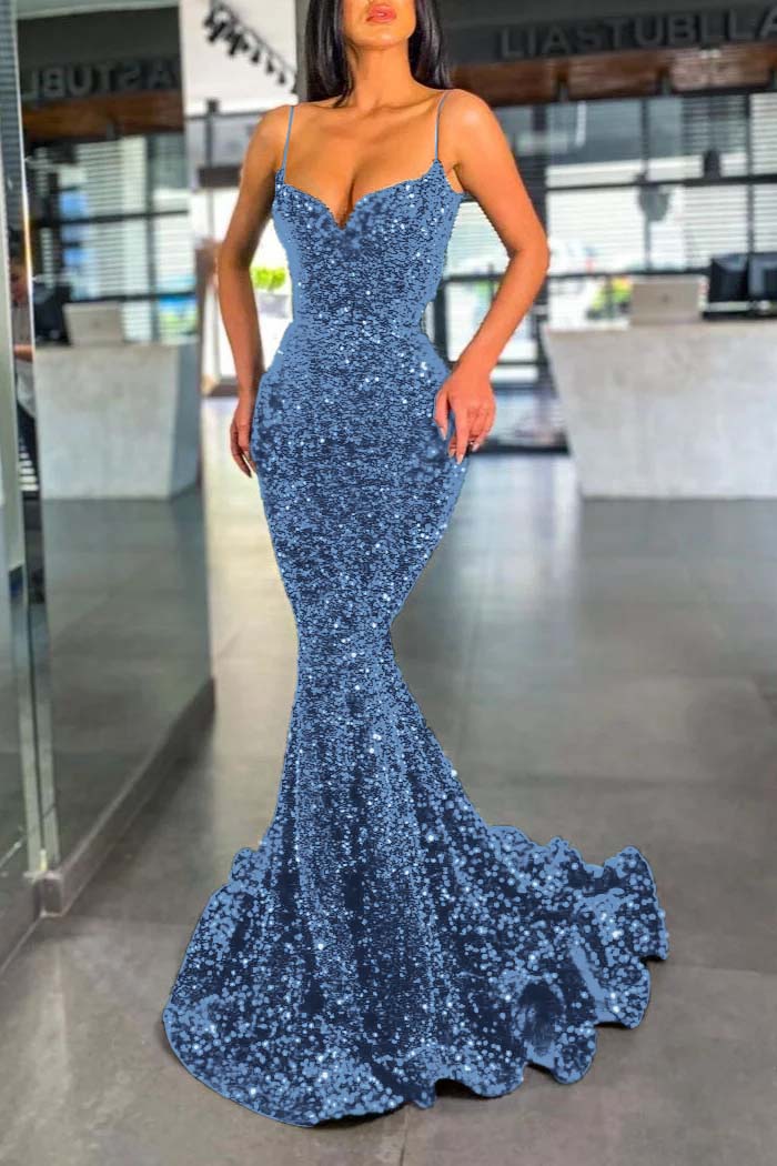 Spaghetti Strap Sleeveless Long Mermaid Prom Dress With Sequins BMBRIDE