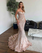 Shining Off the Shoulder Sequins Mermaid Prom Dress With Feathers