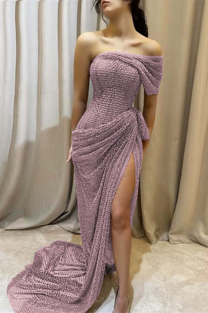Sequins One Shoulder Sleeveless Long Prom Dress With Split Pleated