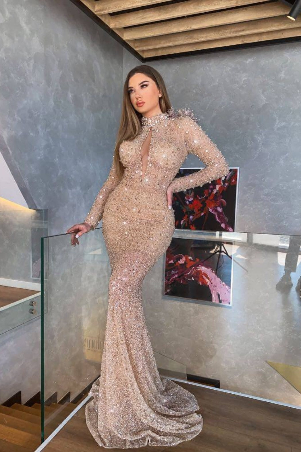 Long Sleeves Mermaid Prom Dress with Sequins BM bride