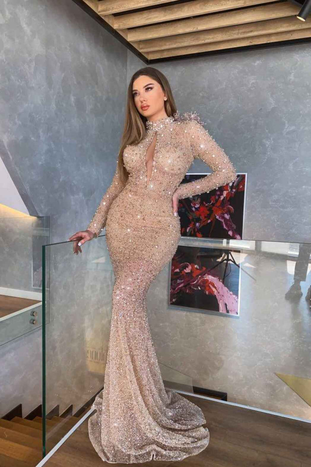 Chic High Neck Mermaid Long Sleeves Sequins Long Prom Dress With Pleated