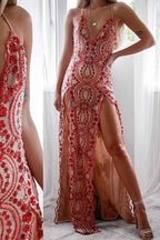 Spaghetti Strap V Neck Sleeveless Long Split Prom Dress With Embroidery