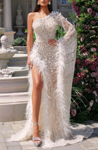 Heavy White Tulle One Shoulder Evening Dress with High Slit BM bride