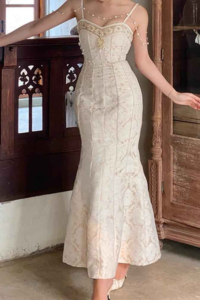 Sweetheart Spaghetti Strap Embroidery Champagne Pearl Mermaid Prom Dress