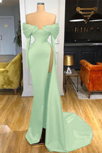 Red Off-the-Shoulder Long Sleeve Mermaid Prom Dress with Split BM bride