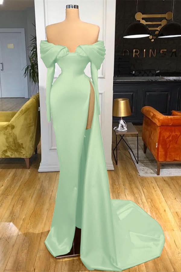 Red Off-the-Shoulder Long Sleeve Mermaid Prom Dress with Split BM bride