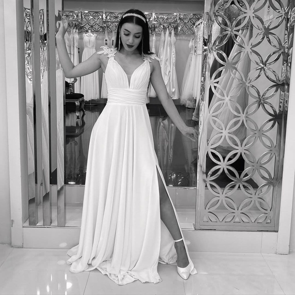 Long Sweetheart A-Line V-Neck Split Wedding Dress with Lace Chiffon BM bride