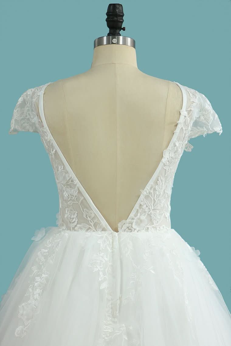 Bateau A-Line Backless Floor-Length Wedding Dress with Lace Appliques and Tulle BM bride