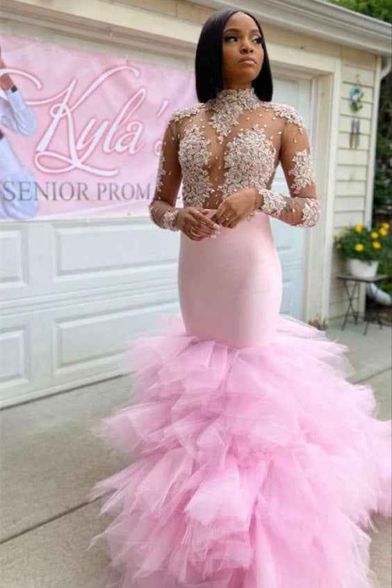 Pink Tulle High Neck Long Sleeves Mermaid Prom Dress With Lace Appliques