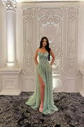 Straps Sleeveless Long Split Prom Dress With Pleated Appliques