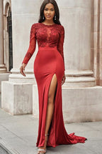 Red Long Sleeves Mermaid Prom Dress with Slit BM bride